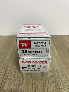 Winchester .38 Special 130gr FMJ & 125gr +P JHP, 2 Boxes, 50 Rounds Each, Factory Brass