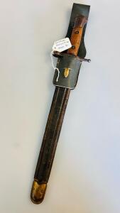 Italian Carcano Model 1891 Bayonet MG9612, Brass Tip Leather Scabbard, Fits M91 Rifle (16.5" Overall Length)