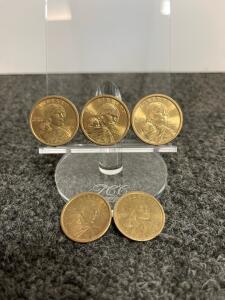 2000 Sacagawea Dollar Coins, Philadelphia Mint, 5-Coin Lot, Circulated, Plain Edge