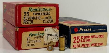 Vintage Remington .25 ACP & Peters 6.35mm 50 Grain Cartridges, Primed & Unprimed Brass Cases, Boxes of 25