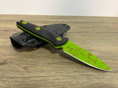 Custom Zombie Apocalypse Fixed Blade Knife, 4.25" Green Splatter Blade, G10 Handle, Kydex Sheath