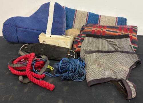 Assorted Equestrian Tack Lot: Saddle Pads, Girth, Halter, Ropes, Leg Wraps, Feed Bin