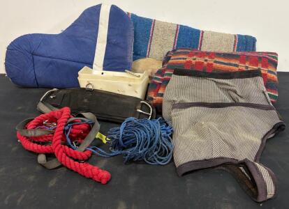 Assorted Equestrian Tack Lot: Saddle Pads, Girth, Halter, Ropes, Leg Wraps, Feed Bin