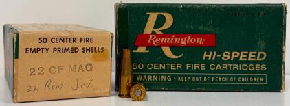 Remington .22 Rem Jet Magnum Centerfire Empty Primed & Unprimed Brass, 100ct, Vintage Boxes, R-P Headstamp