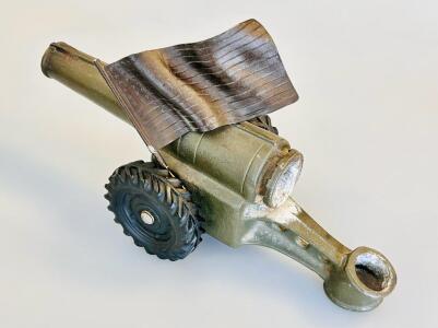 Vintage Cast Iron Toy Cannon with Flag, 8" Length, 2 lbs Weight