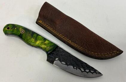 Custom Fixed-Blade Knife, Green Resin Handle, Snakeskin Pattern Blade, 4&rdquo; Blade w/ Leather Sheath