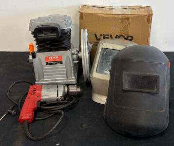 Vevor Air Compressor Pump, Milwaukee Drill, Jackson Welding Helmet, Vevor Weather Station