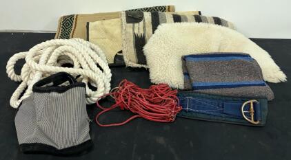 Western Horse Tack Bundle: 3 Saddle Pads, Fleece Liner, Cinch, Lead Ropes, Grazing Mask (Shelf D)