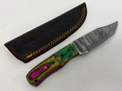 Damascus Fixed Blade Knife 8&rdquo; Full Tang, Mosaic Pin, Multicolor Handle, Leather Sheath