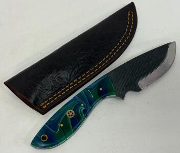 Custom Full-Tang Fixed Blade Knife, Swirled Resin Handle, 4" Blade, Tooled Leather Sheath