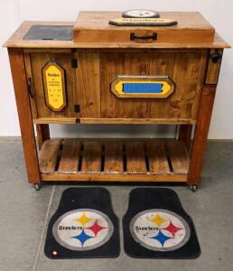 Custom Wood Outdoor Cooler Cart, 65 Qt, Steelers Branded, Faucet Drain, Caster Wheels, Floor Mats