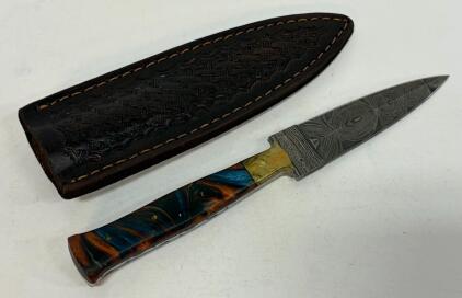 Handmade Damascus Fixed-Blade Knife &ndash; 4&rdquo; Etched Blade, Custom Resin Handle, Tooled Leather Sheath