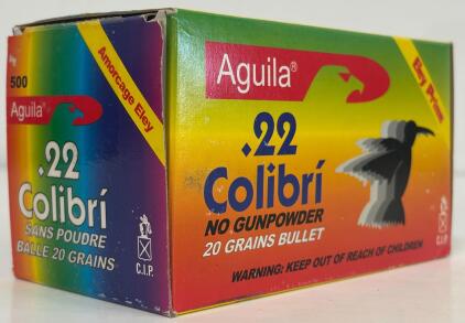 Aguila .22 Colibr&iacute; Rimfire Ammo, No Gunpowder, 20 Grain LRN, 500-Round Box, Eley Prime