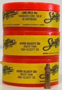 (3) Containers Spitfire Hyper Velocity .22 LR Rimfire Ammunition, Truncated Cone Solid, 50 Rounds per Tub, Lot 1A5660