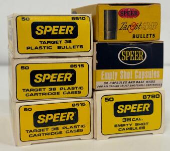 (6) Boxes Speer Target .38 Caliber Plastic Reloading Bullets, Cases & Shot Capsules, 300 Pieces