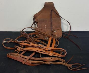 Vintage Western Leather Saddlebags with Hand Tooling, Bridle, and Split Reins &ndash; Full Horse Size (Shelf G)
