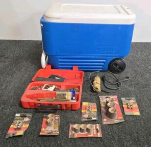 Igloo Ice Cube 60 Roller Cooler with Dremel 4300-5/40 Rotary Tool Kit and Sander Drum Accessories (Shelf A)