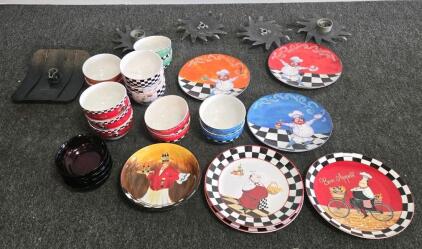 Bistro Chef Pattern Ceramic 17-Piece Plate & Bowl Set, Multicolor, Whimsical Checkered Design