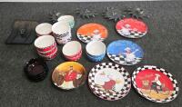 Bistro Chef Pattern Ceramic 17-Piece Plate & Bowl Set, Multicolor, Whimsical Checkered Design