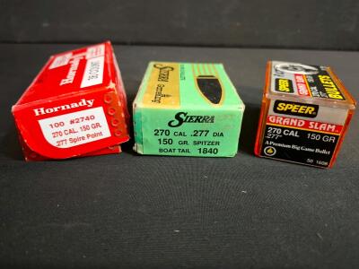 Hornady #2740 270 Cal .277" 150gr Spire Point Bullets, Partial Box, 36 Count, Collector's Vintage. Speer grand slam 150 grain, 270cal. .277 50 count box. Sierra 270 cal. .277 150 grain Spitzer box. Unopened