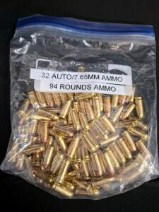 .32 Auto (7.65mm) FMJ Ammo, 94 Rounds, Brass Case, Bulk Pack, Mixed Manufacturer