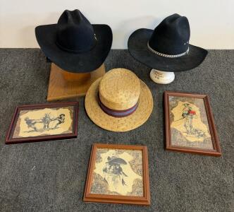 Stallion Wool Cowboy Hat 7/56, Resistol 4XXXX Beaver, Portis Straw Boater, Western Art Prints (E)