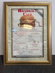 Framed Roadkill Cafe Menu Poster, Western Graphics Corp, 24"x18" Comedy Restaurant Wall Art
