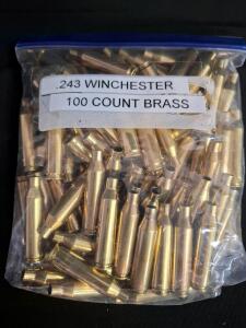 .243 Winchester Brass Casings, 100 Count, Used, Deprimed