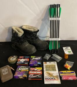 Outdoor Survival Lot: 6 Carbon Arrows, Insulated Winter Boots, Fishing Tackle & Emergency Gear