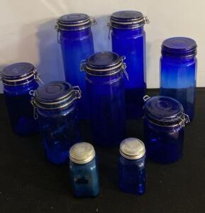 Cobalt Blue Glass Storage Jar Set with 2 Metal Lid Shakers, Swing-Top & Twist Lids, 9 Pieces