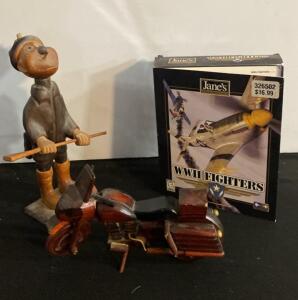 Hand-Carved Wooden Hunter Figurine, 10&ndash;12 in Tall, Vintage European Folk Art- Motorcycle and More