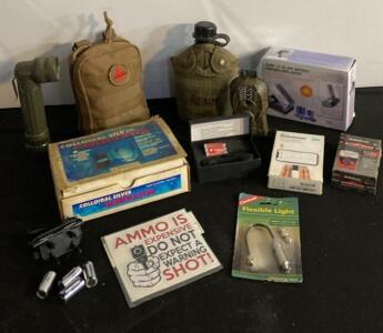 Mixed Lot of Prepper, Survival, and Emergency Gear &ndash; Canteens, Flashlights, Battery Chargers, Medical Pouch