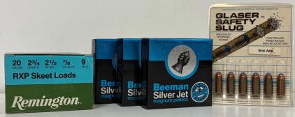 Glaser Safety Slug 9mm Auto, 80gr, 6-Round Pack, (3) Boxes Beeman Silver Jet Magnum .177 Caliber Pointed Lead Pellets & Remington RXP Skeet Loads 20 Gauge 2-3/4" 7/8oz #9 Shot 25-Round Box