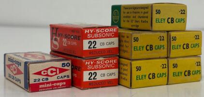 (8) Boxes Vintage .22 CB Cap Ammunition Lot &ndash; Eley, CCI Mini-Caps, Hy-Score Subsonic, 50rd Boxes