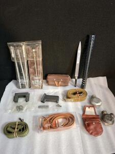 Military Surplus Lot: SKS Bayonet, Outers Cleaning Kits, Straps, Steel Canteens, Handguard ( shelf C