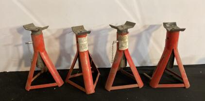 Set of 4 Heavy Duty Steel 6-Ton Pin Type Tripod Jack Stands, Adjustable Height, Red
