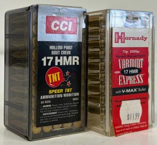 CCI & Hornady 17 HMR Rimfire Ammunition, 50-Round Boxes, 17gr, V-MAX & TNT HP Bullets, 2550fps