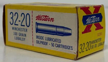 Western X 32-20 Winchester 100 Grain Lubaloy, 50 Rounds, Lot 32201, Brass, Vintage Box
