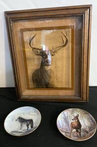 Framed Buck Art Print & 2 Wildlife Collectible Plates, Wolf & Deer Scenes, Gold Rim, 8.5" Porcelain