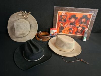 Sheplers Black Wool Cowboy Hat Large, Donkey Bell hat 7 1/4 Handmade Mexico, Henschel Mesh Safari hat, leather belt, western wall art. And more ( shelf E)