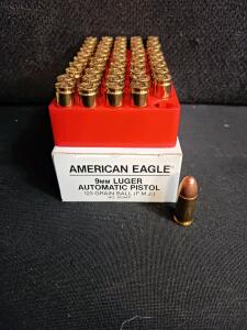 American Eagle 9mm Luger 124 Grain FMJ AE9AP, 50 Rounds, Brass Case