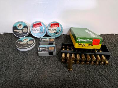 Beeman .177 Caliber Airgun Pellets & Cleaning Pellets, Silver Bear, Match Wadcutter, 500 Count Tins, Remington. 30-30 brass casings. In original box.