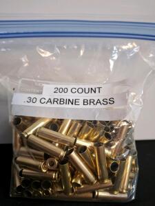 200 .30 Carbine Brass Reloading Cases, Cleaned, Boxer Primed, Bulk Packaging, Approx 2.4 lbs ( shelf H)