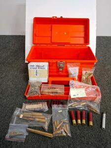 Mixed Brass and Snap Cap Lot &ndash; .22 Hornet, 7.62 Nagant, .25 Auto, .41 Mag, Ammo Box Included