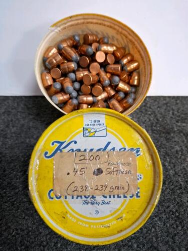 .45 Caliber 239 Grain Round Nose Soft Point Bullets - 200 Reloading Projectiles Copper Jacketed