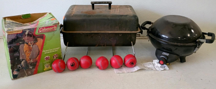 Coleman Party Grill, Classic Propane Grill, PerfectTemp Heater, & 6 Phinix Practice Baseballs Lot