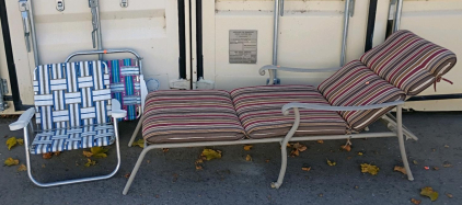 Set of 2 Folding Aluminum Web Lawn Chairs & 1 Adjustable Steel Patio Chaise Lounge with Cushions
