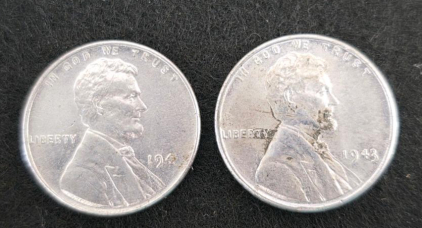 1943 Lincoln Wheat Cent Steel Pennies, No Mint Mark and Misprint One Cent, Circulated, Set of 2