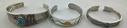 Set of 3 Southwestern Cuff Bracelets, Turquoise & Coral Inlays, Silver Tone, Engraved Motifs