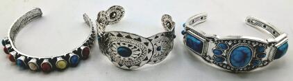 Southwestern Silver Cuff Bracelets with Turquoise and Multi-Stone Inlay